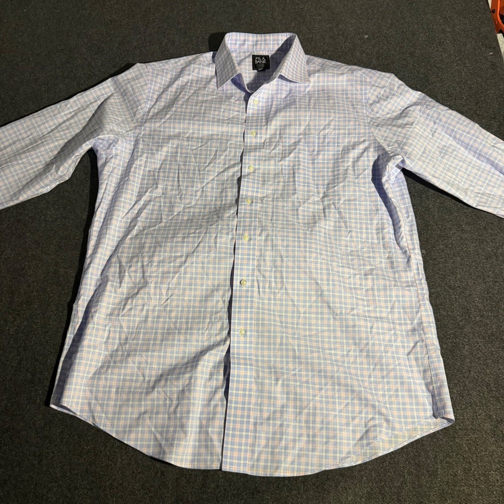 Jos. A. Bank Traveler Dress Shirt Mens 17.5 37 Tailored Fit Blue Pink Plaid